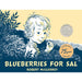A basket of fresh blueberries with a sign that reads "Blueberries for Sale" in a sunny outdoor setting.