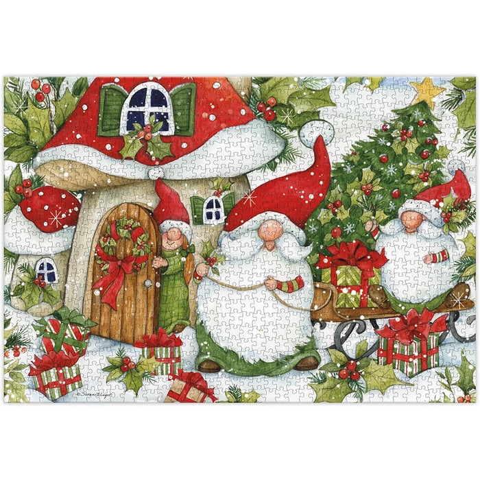 Christmas-themed puzzle with gnomes, a mushroom house, and festive elements.