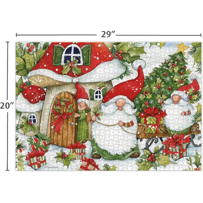 Christmas-themed puzzle with gnomes, a mushroom house, and a tree, featuring dimensions 29" x 20".