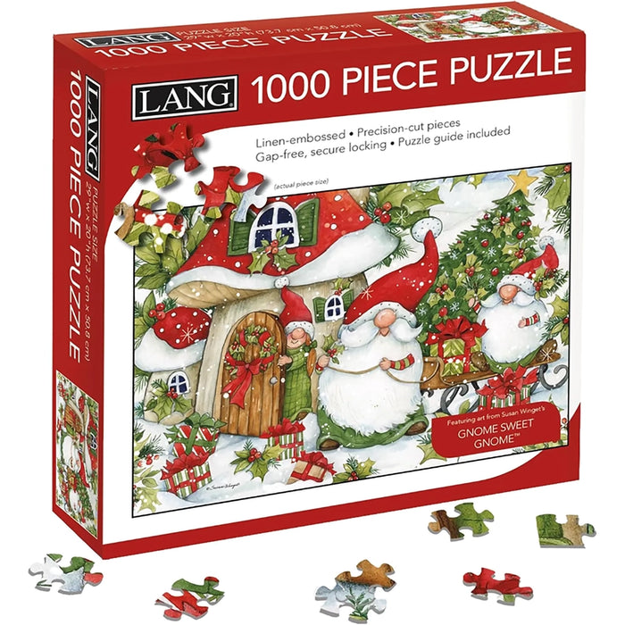 Box of a 1000-piece puzzle featuring gnomes and a house, with puzzle pieces displayed.