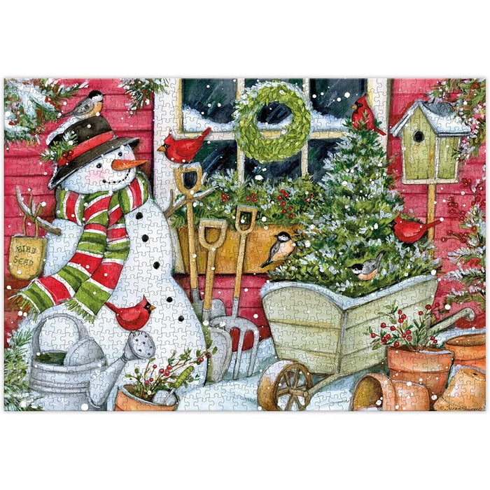 Christmas-themed puzzle with a snowman, garden tools, and festive decorations.