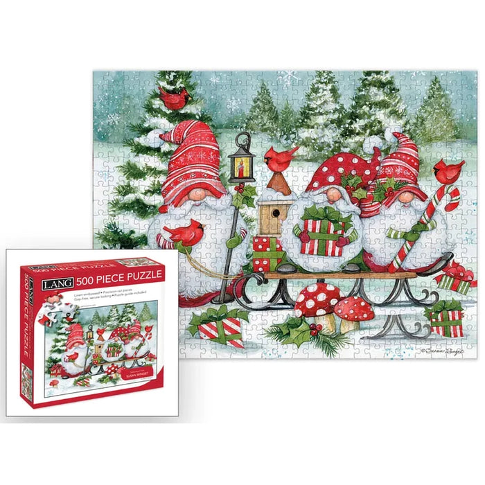 “Lang Holiday Gnomes 500-piece puzzle featuring festive gnomes in holiday attire.”
