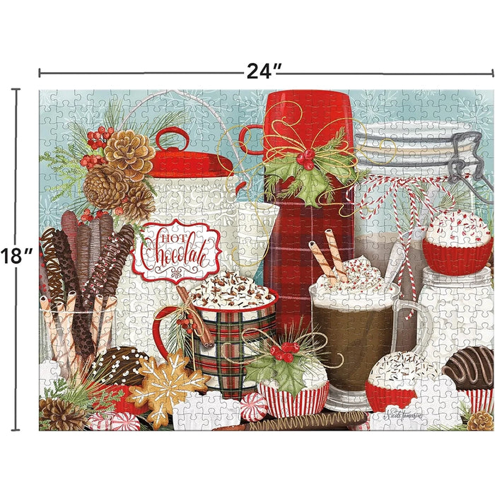 Jigsaw puzzle with a Christmas-themed design featuring hot chocolate and holiday elements, with dimensions 24" x 18".