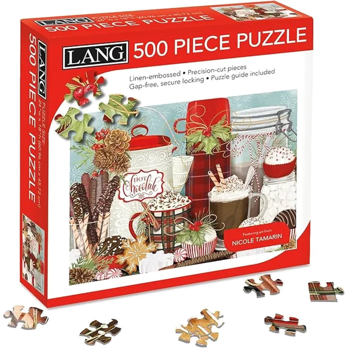 500 piece puzzle packaging with hot chocolate theme and LANG branding