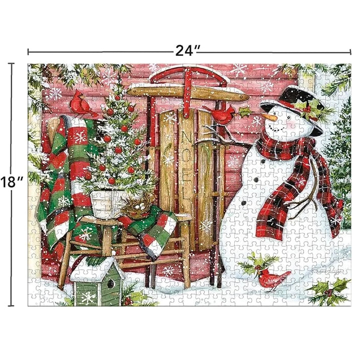 Christmas-themed puzzle with a snowman, tree, and cabin design, featuring dimensions 24" x 18".