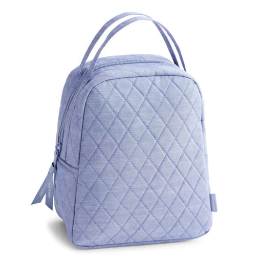 A blue quilted backpack featuring a zipper, designed for style and functionality.