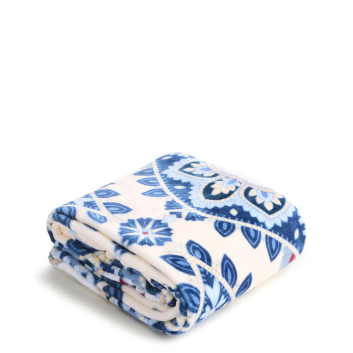 Vera Bradley Cambridge Blues plush throw blanket with colorful blue floral print and soft, warm polyester fabric.