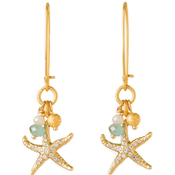 Featuring delicate starfish accents adorned with shimmering details, these elegant earrings capture the beauty of the ocean while adding a playful sparkle to any outfit.
