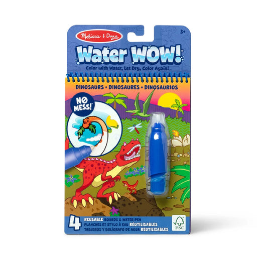 Water Wow dinosaur activity book featuring colorful illustrations and interactive water-based activities for children.