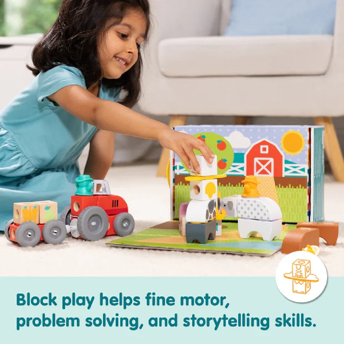 A wooden toy set displaying an assortment of farm animals, such as sheep, horses, and ducks, ideal for imaginative play.