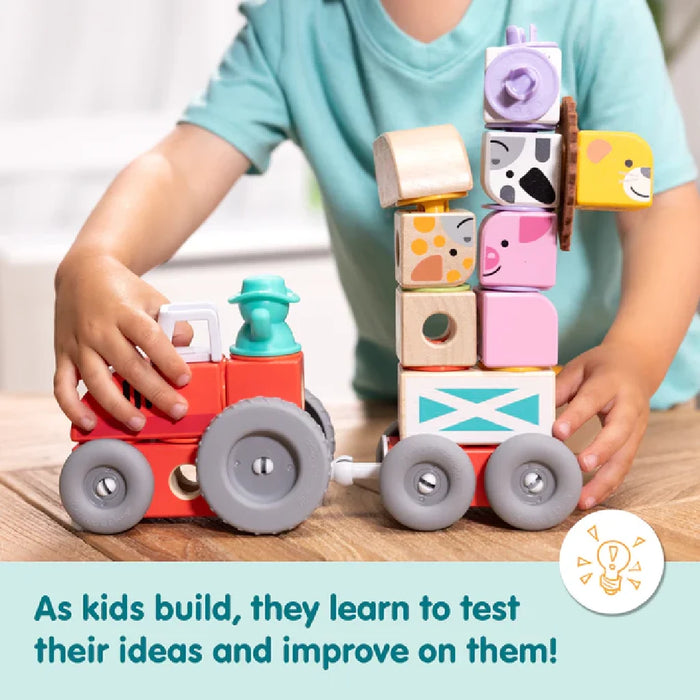 A vibrant wooden toy collection showcasing farm animals like goats, roosters, and bunnies, perfect for children's playtime.