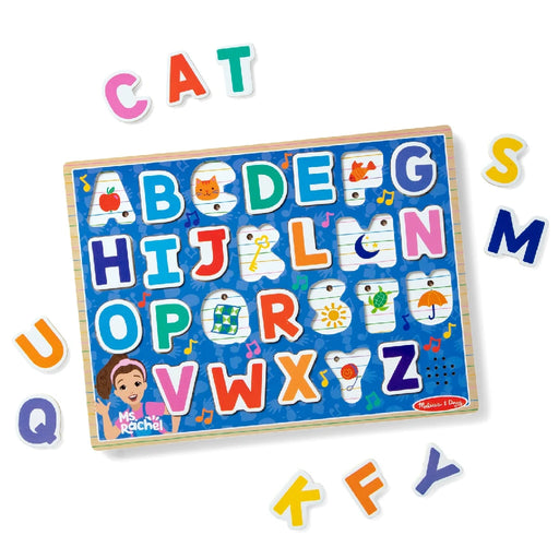 A colorful wooden alphabet puzzle featuring letters and numbers arranged for educational play.