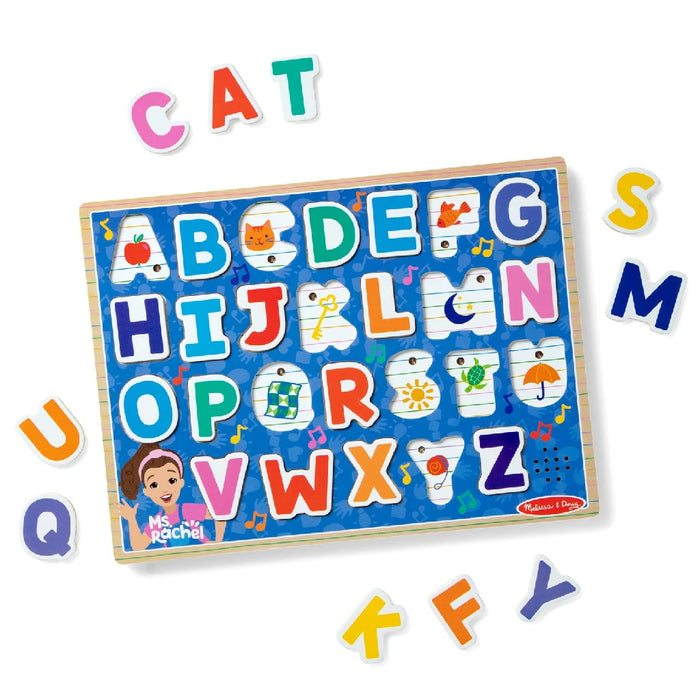 A colorful wooden alphabet puzzle featuring letters and numbers arranged for educational play.