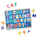 A colorful wooden alphabet puzzle featuring letters and numbers arranged for educational play.