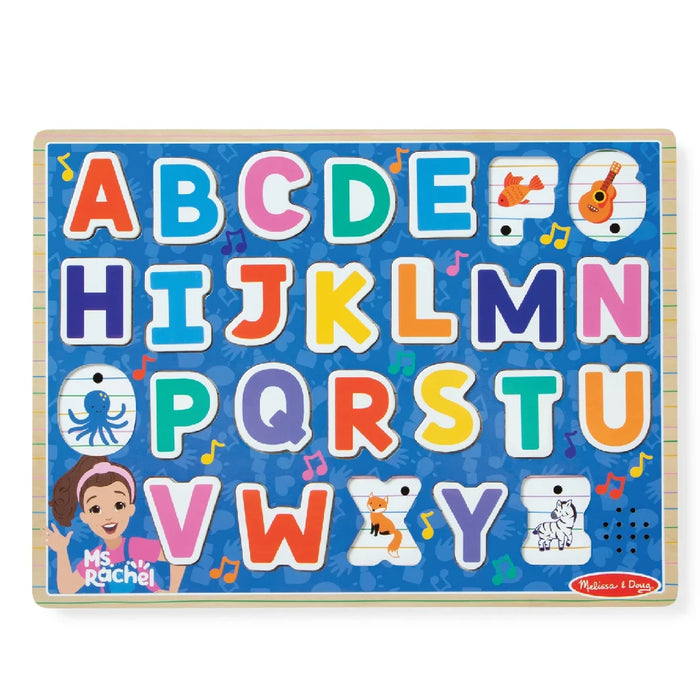 A wooden puzzle displaying letters and numbers, designed for children’s learning and development.
