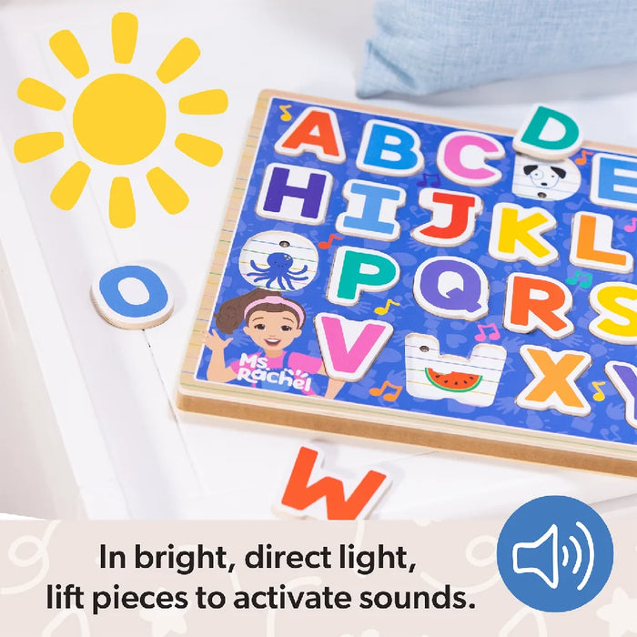 A wooden puzzle set with letters and numbers, promoting interactive learning for young children.