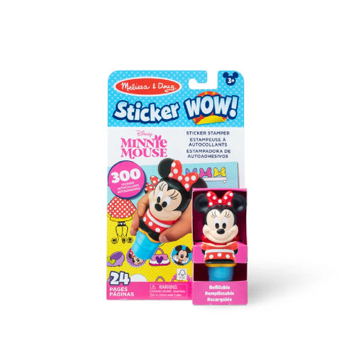 A Minnie Mouse sticker book alongside a colorful toy featuring the beloved character.