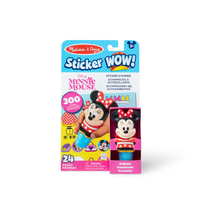 A Minnie Mouse sticker book alongside a colorful toy featuring the beloved character.