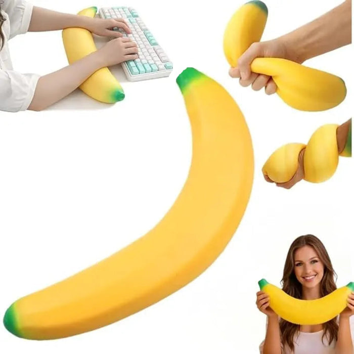 Collage of a large squishy banana being held by different people in various settings.