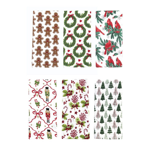 Six rectangular holiday-themed patterned pieces arranged in a 2x3 grid on a white background, featuring Christmas motifs including gingerbread men, wreaths with hearts, cardinals, nutcrackers, pinecones, candy canes, and evergreen trees.