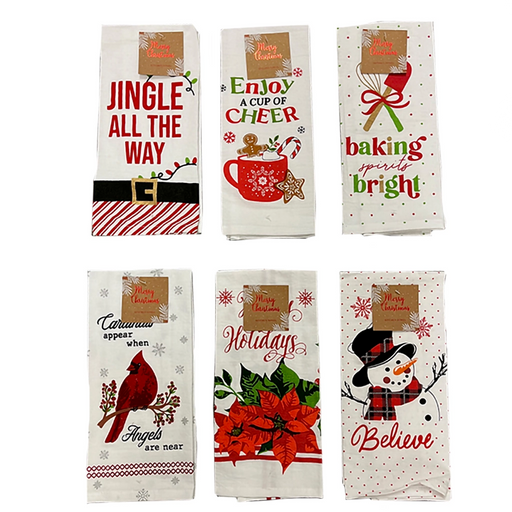 Set of six Christmas-themed kitchen towels with various designs and text.