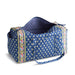 A blue duffel bag with a stylish floral print design.