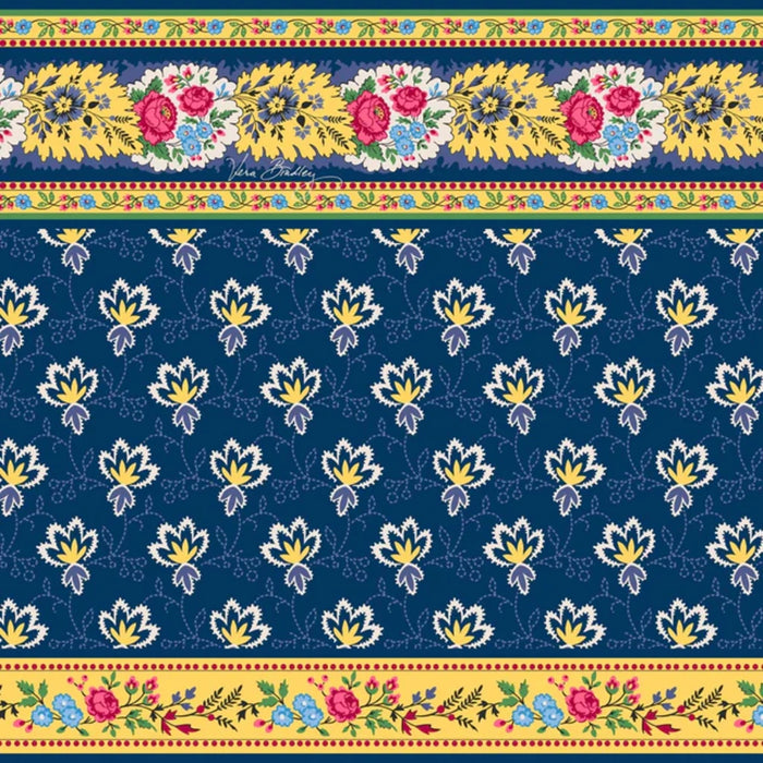A decorative pattern of blue and yellow flowers, showcasing a lively floral design.