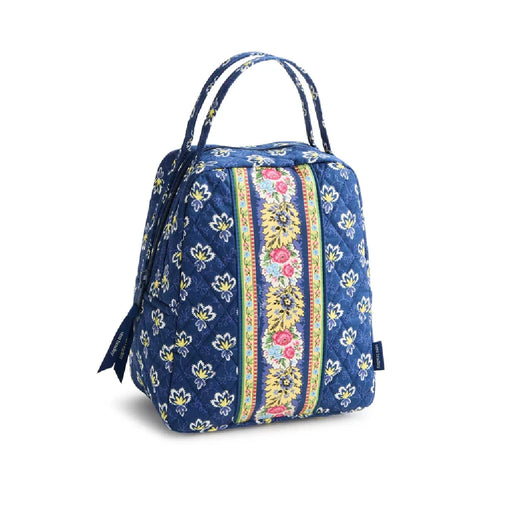 Blue floral print lunch bag designed for stylishly carrying your lunch.