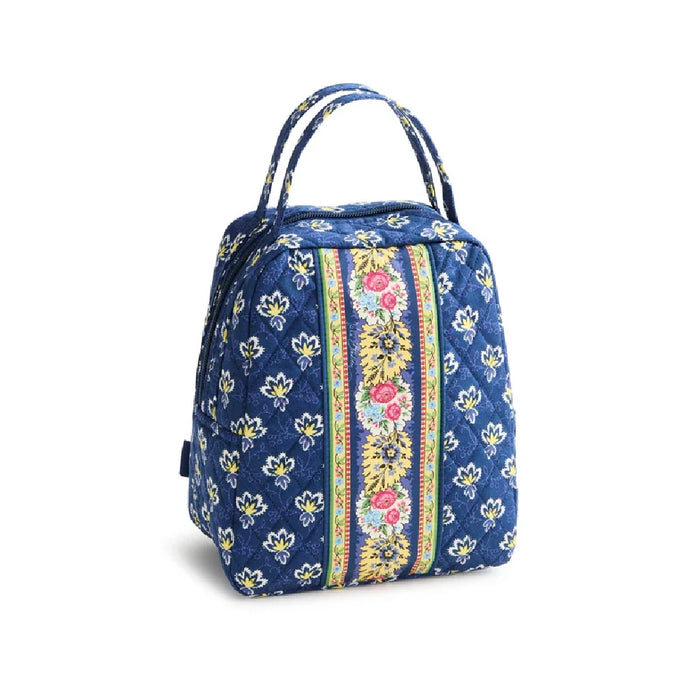 A blue floral print lunch bag, perfect for transporting your meals with flair.