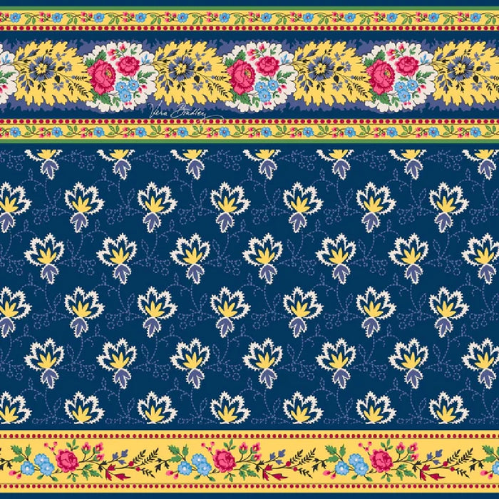 A colorful floral design with blue and yellow flowers arranged in a repeating pattern.