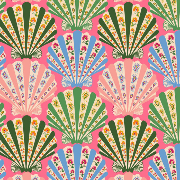 Colorful shells arranged in a repeating pattern on a soft pink background.