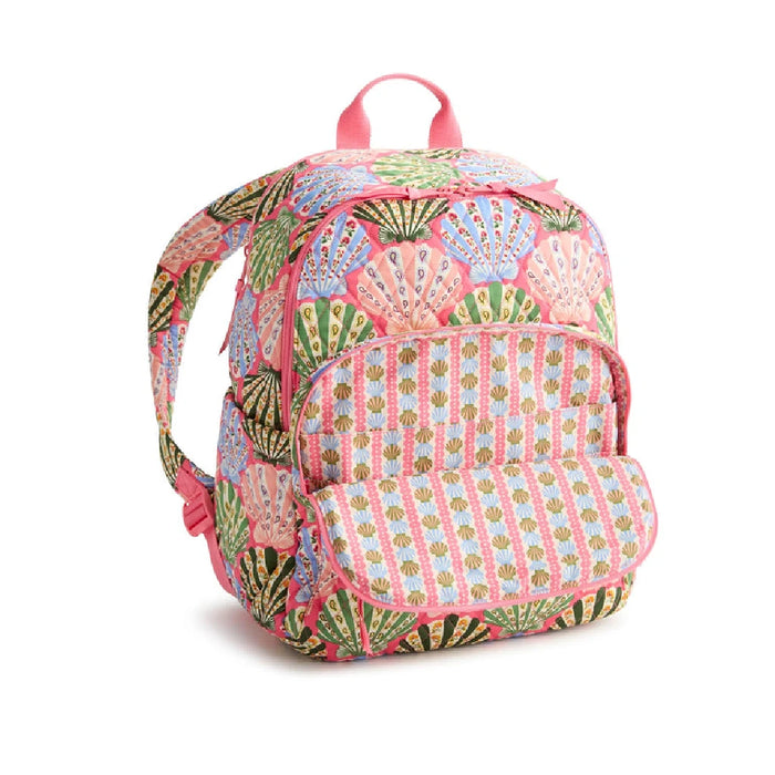 A pink backpack featuring an array of colorful shell patterns.