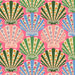 Colorful shells arranged in a repeating pattern on a soft pink background.