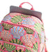 A pink backpack with a colorful green and pink design, ideal for school or casual outings.