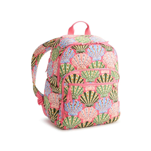 A pink backpack adorned with vibrant, colorful shell designs.