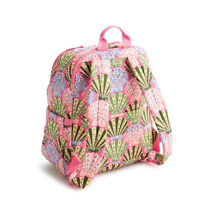 A pink backpack decorated with bright, multicolored shell motifs.
