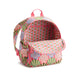 A stylish pink backpack adorned with a playful green and pink pattern, perfect for everyday use.