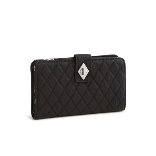 Black quilted wallet featuring a diamond design on the front.
