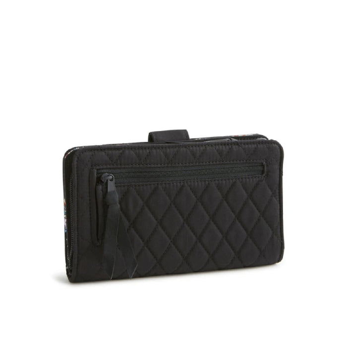 A black quilted wallet with a prominent diamond emblem on the front.