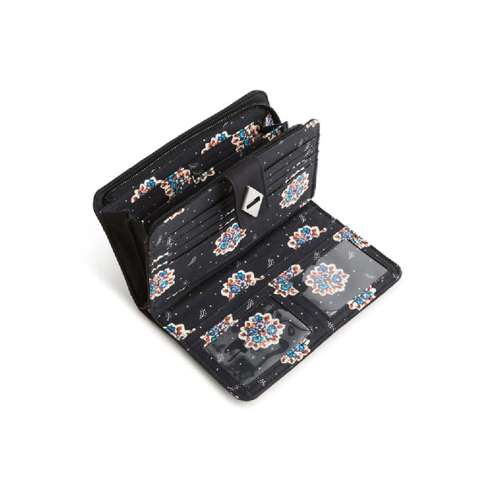 Elegant black quilted wallet adorned with a diamond on the front.