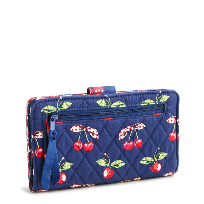 Vera Bradley Turnlock Wallet in Cherry Picking print featuring dual compartments with zip and turnlock closures, multiple card slots, ID windows, slip pockets, and a compact lightweight design for everyday organization.