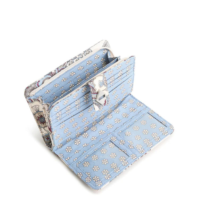 Vera Bradley Turnlock Wallet in Neutral rhapsody print featuring dual compartments with zip and turnlock closures, multiple card slots, ID windows, slip pockets, and a compact lightweight design for everyday organization.