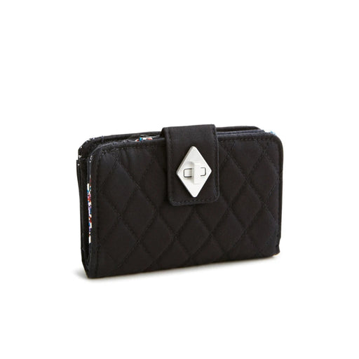 Black quilted wallet featuring a sleek metal clasp, showcasing a stylish and elegant design.