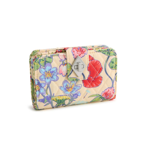 Vera Bradley floral quilted wallet featuring a vibrant floral pattern and a compact design for easy carrying.
