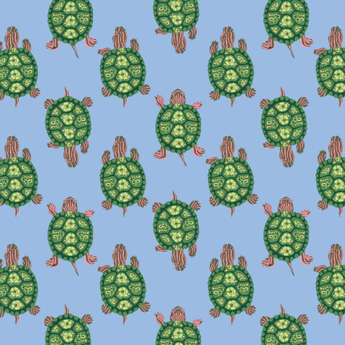 A repeating pattern featuring various turtles on a light background.  