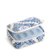 Vera Bradley Travel Pill Case in Cambridge Blues featuring eight labeled medication compartments, a secure zip closure, and an interior ID window, designed for organizing pills, vitamins, and supplements at home or while traveling.