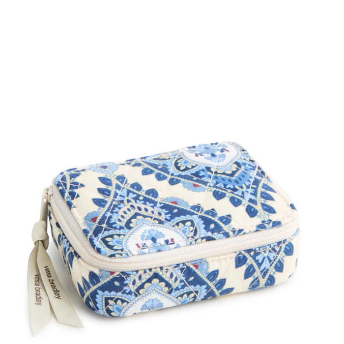 Vera Bradley Travel Pill Case in Cambridge Blues featuring eight labeled medication compartments, a secure zip closure, and an interior ID window, designed for organizing pills, vitamins, and supplements at home or while traveling.