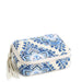 Vera Bradley Travel Pill Case in Cambridge Blues featuring eight labeled medication compartments, a secure zip closure, and an interior ID window, designed for organizing pills, vitamins, and supplements at home or while traveling.