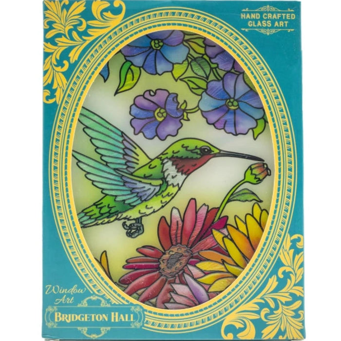 This handcrafted stained glass suncatcher features a stunning hummingbird design in rich, jewel-toned art glass.