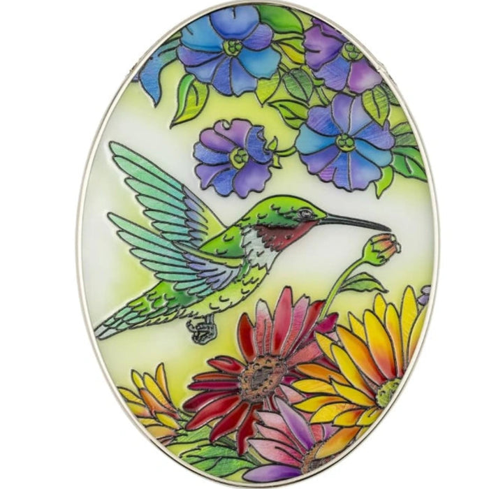 This handcrafted stained glass suncatcher features a stunning hummingbird design in rich, jewel-toned art glass.